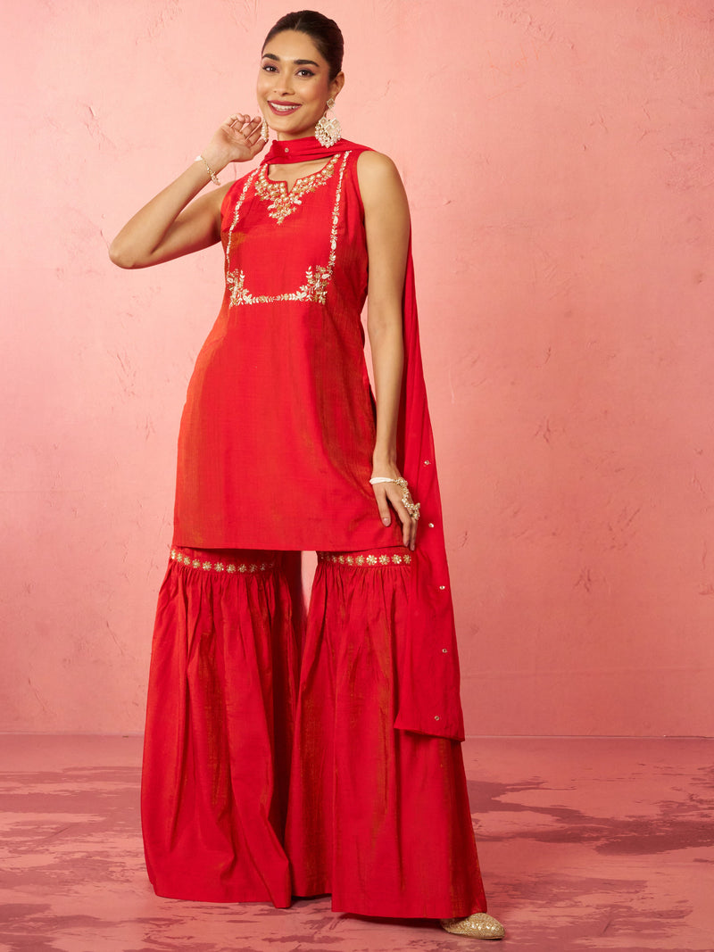 Women's Red Cotton Kurta Sharara Set