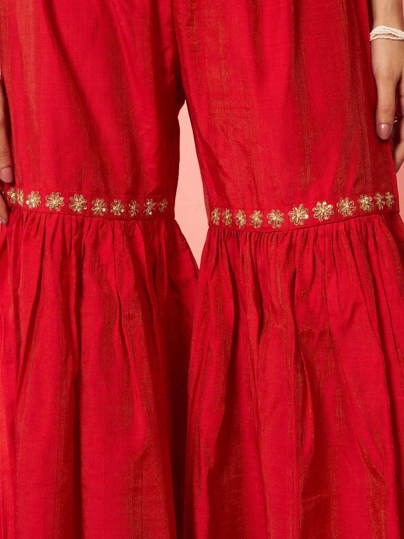 Women's Red Cotton Kurta Sharara Set