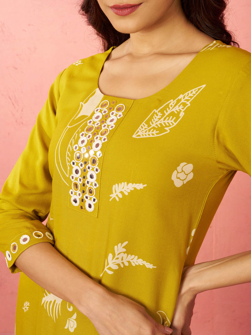 Women's Mehendi Green Rayon Mirror Work Kurta Set with Palazzo