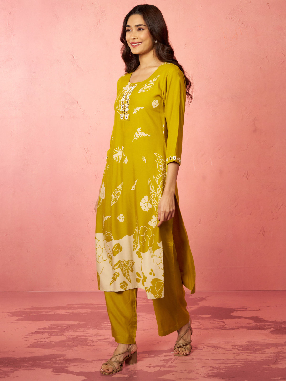 Women's Mehendi Green Rayon Mirror Work Kurta Set with Palazzo