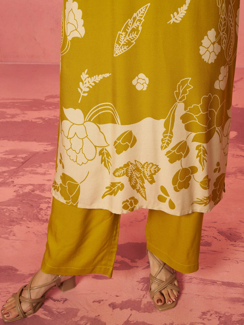 Women's Mehendi Green Rayon Mirror Work Kurta Set with Palazzo