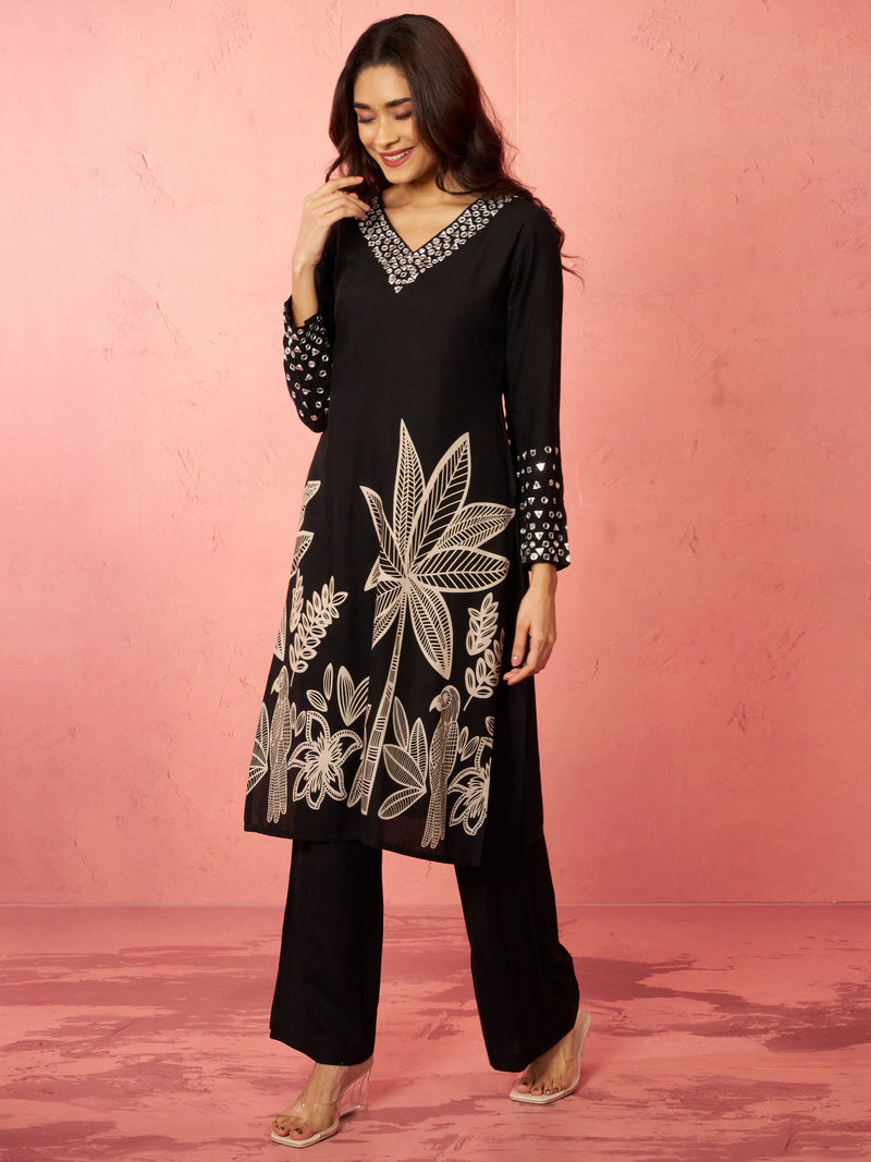 Women's Black Rayon Mirror Work Kurta Set with Flare Pants