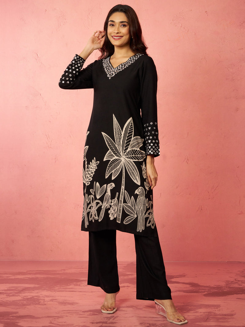 Women's Black Rayon Mirror Work Kurta Set with Flare Pants