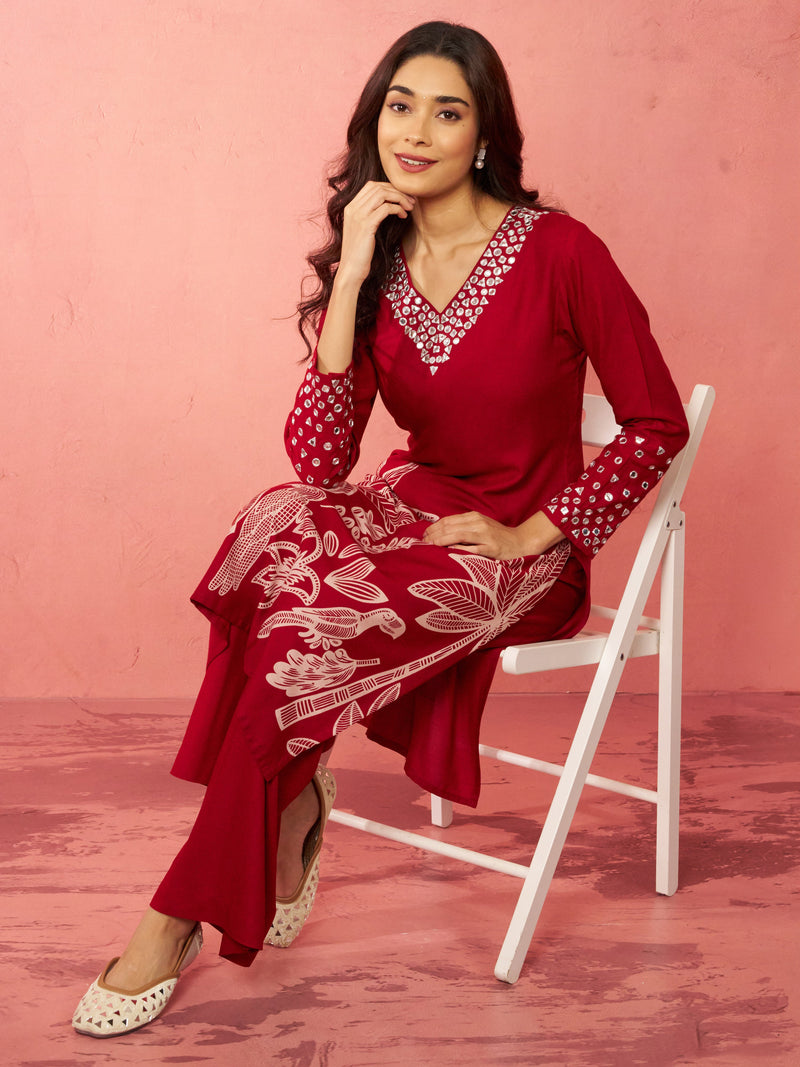 Women's Maroon Rayon Mirror Work Kurta Set with Flare Pants