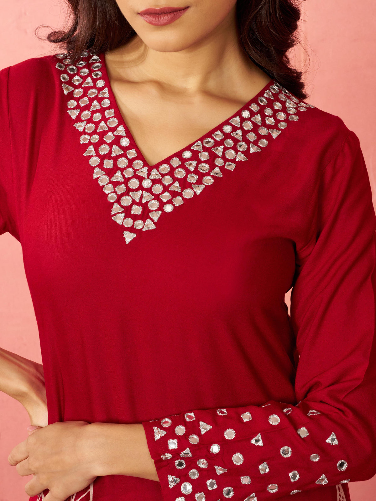 Women's Maroon Rayon Mirror Work Kurta Set with Flare Pants