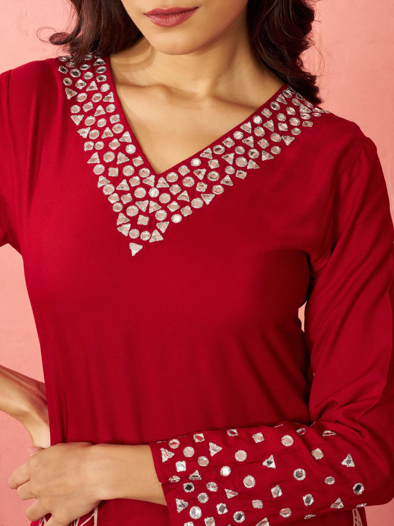 Women's Maroon Rayon Mirror Work Kurta Set with Flare Pants