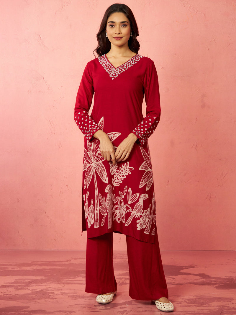 Women's Maroon Rayon Mirror Work Kurta Set with Flare Pants
