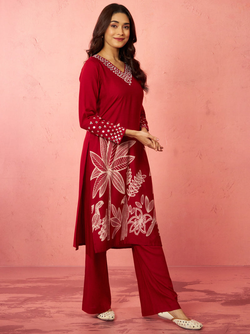 Women's Maroon Rayon Mirror Work Kurta Set with Flare Pants