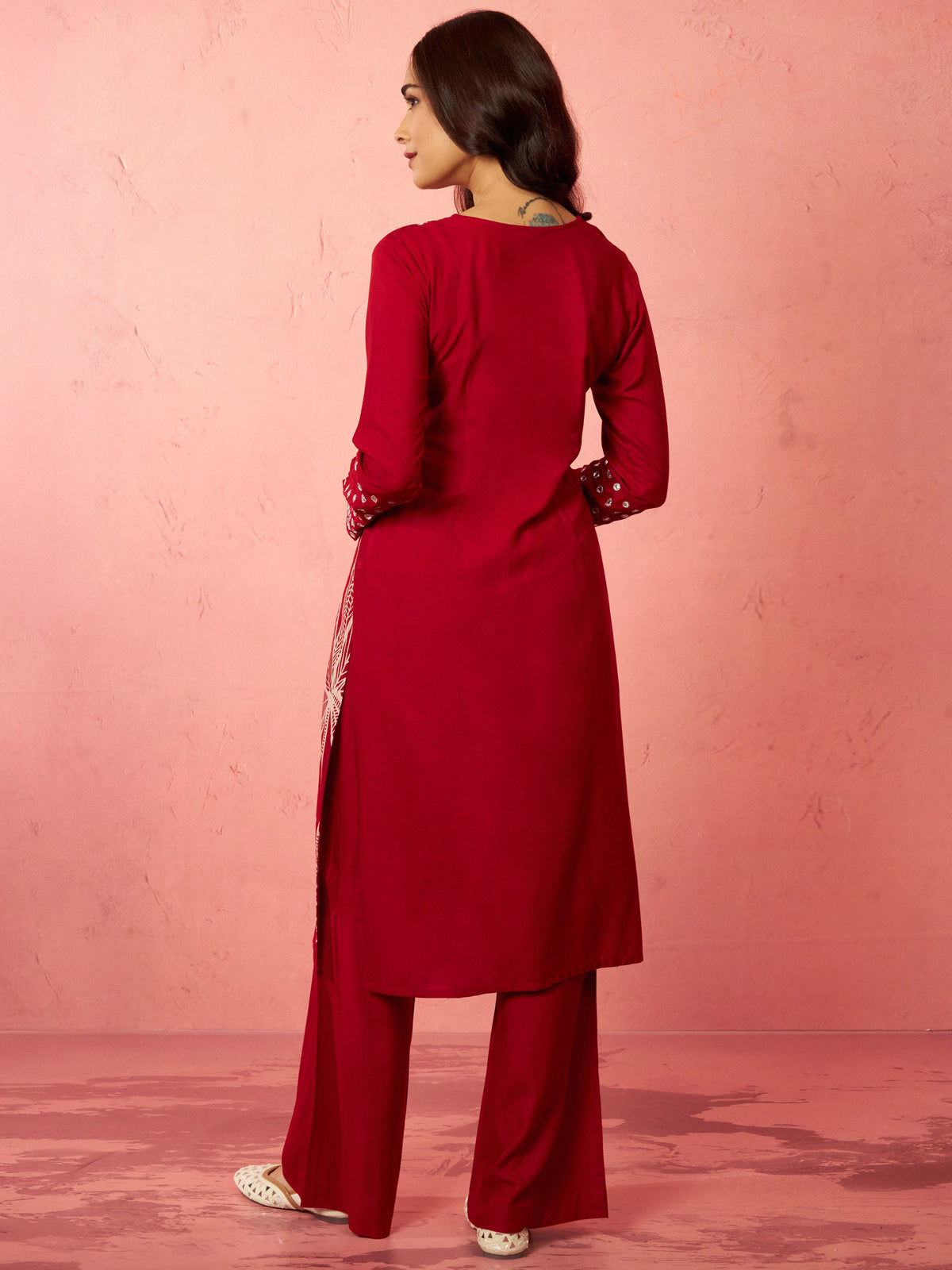 Women's Maroon Rayon Mirror Work Kurta Set with Flare Pants