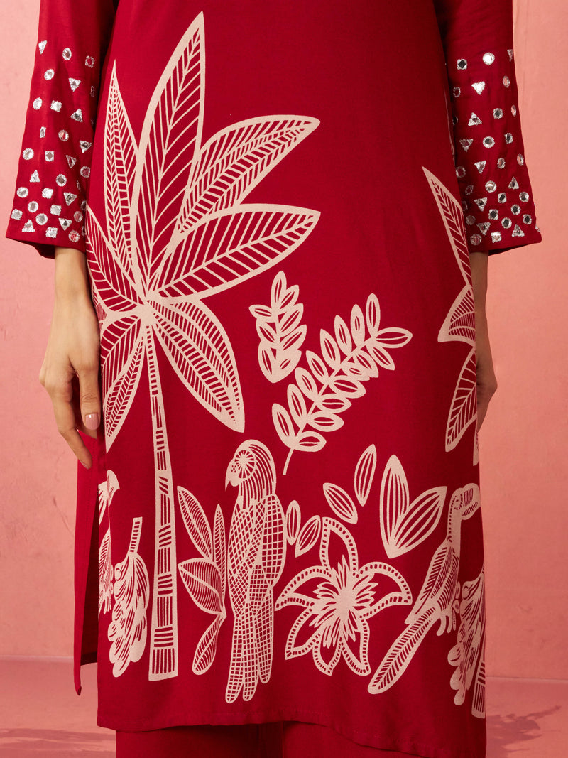 Women's Maroon Rayon Mirror Work Kurta Set with Flare Pants