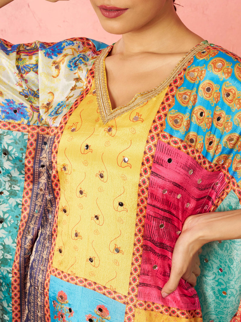 Women's Multicolour Chinon Kaftan Kurta Set