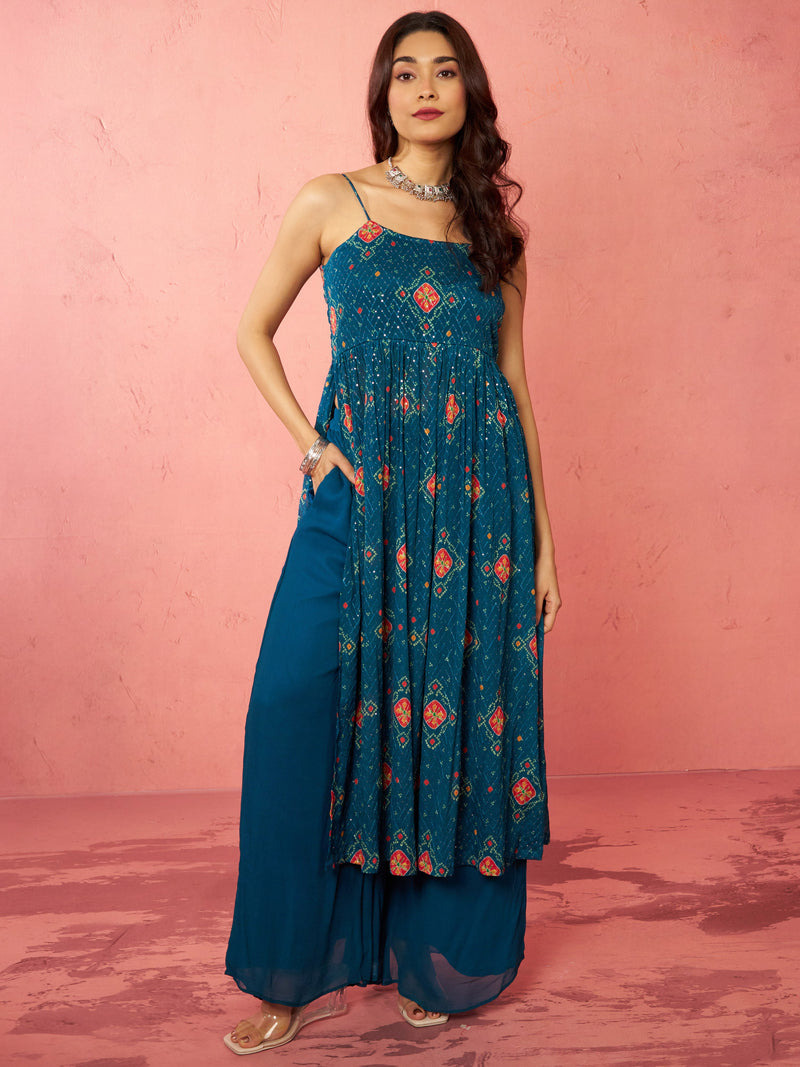 Women's Blue Chinon Sequin Anarkali Set with Palazzo