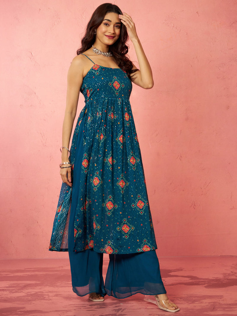 Women's Blue Chinon Sequin Anarkali Set with Palazzo