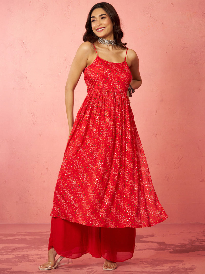Women's Red Chinon Sequin Anarkali Set with Palazzo
