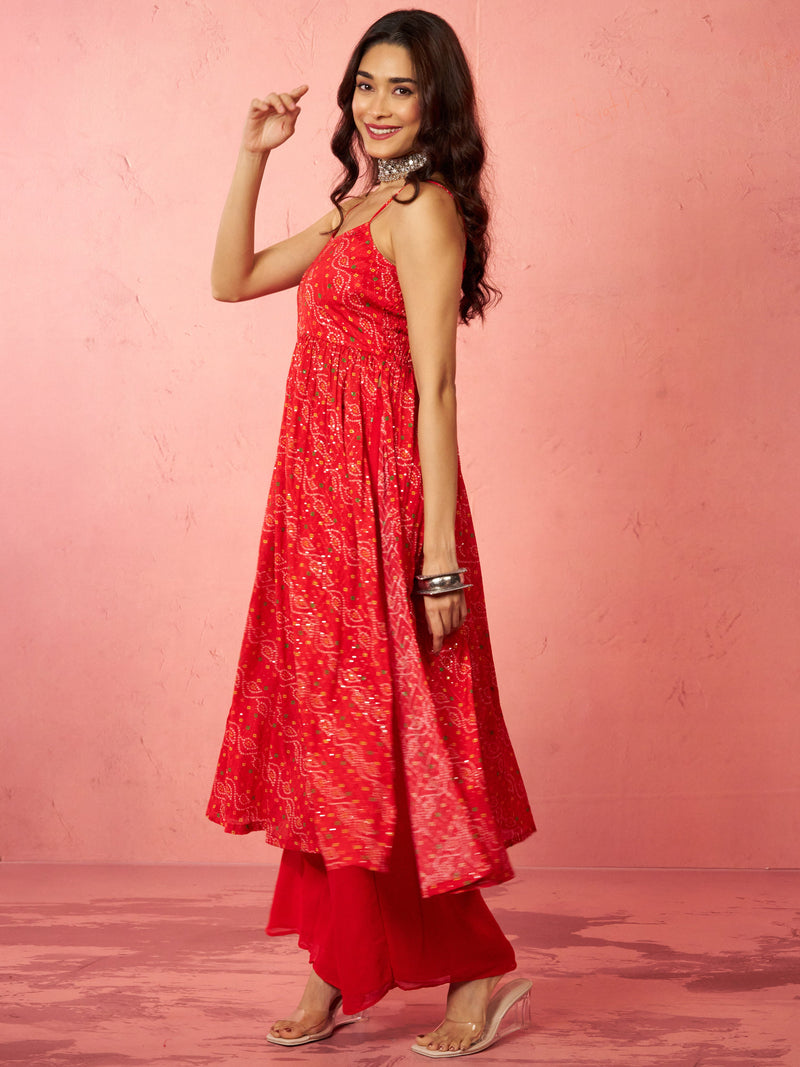 Women's Red Chinon Sequin Anarkali Set with Palazzo