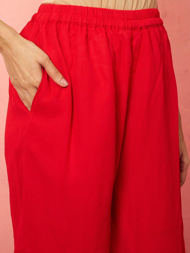 Women's Red Chinon Sequin Anarkali Set with Palazzo