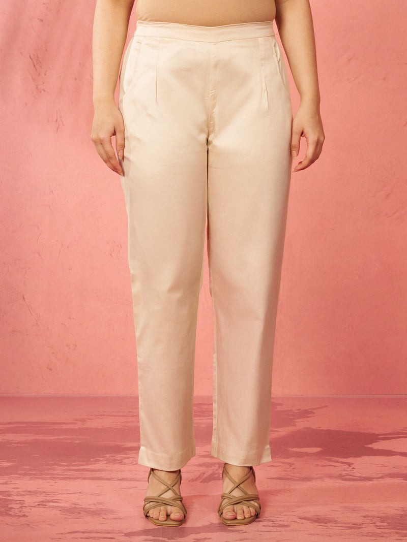 Women's Beige Cotton Lycra Trousers