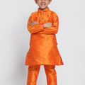 VASTRAMAY Boys' Orange Cotton Silk Blend Kurta and Pyjama Set