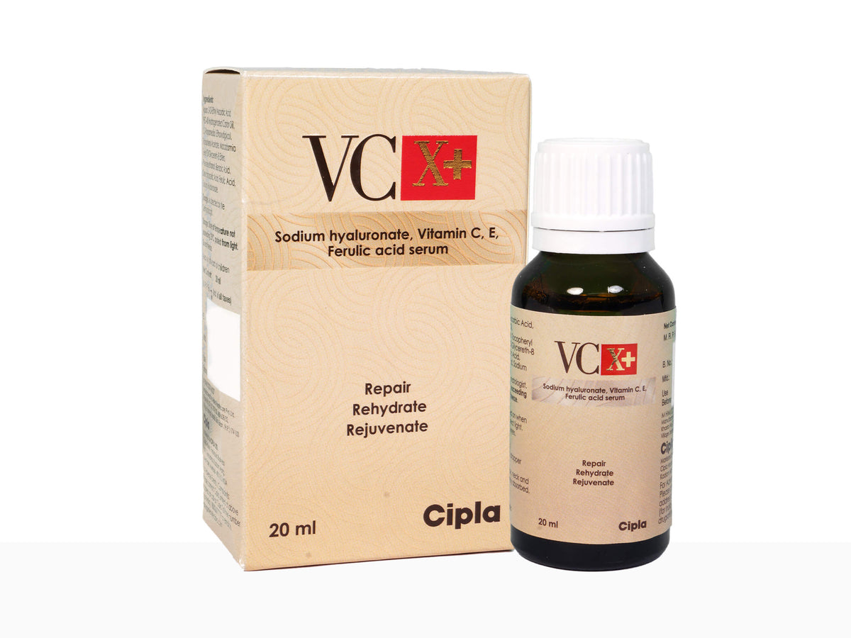 Cipla VC+ serum bottle and packaging on a white background