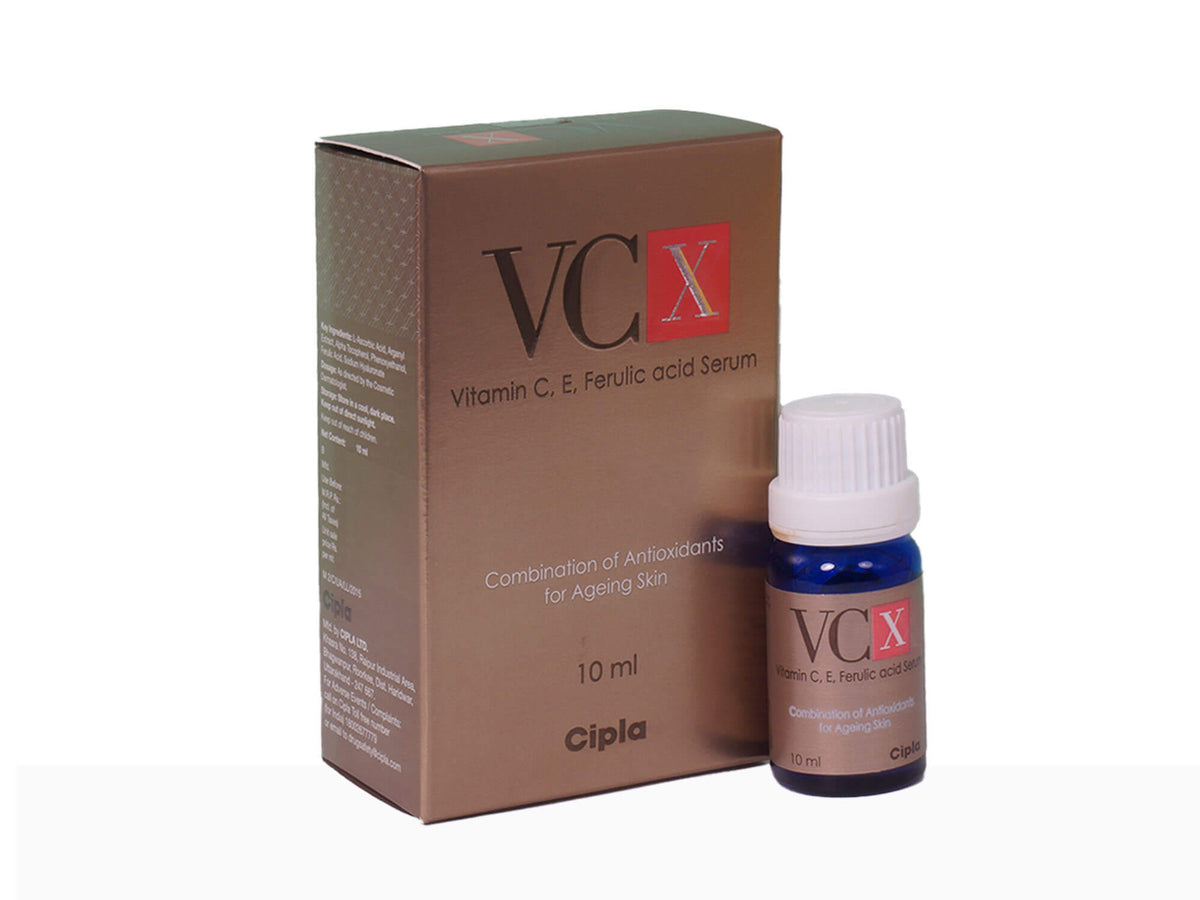 VCX Vitamin C, E, Ferulic acid Serum packaging and bottle on a white background