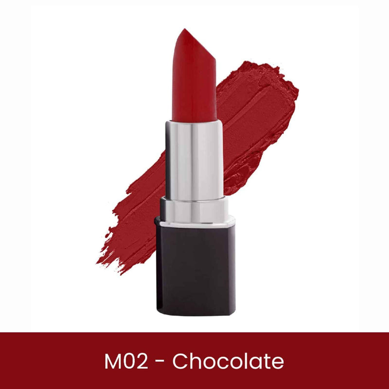 Red lipstick with a swatch on a white background, labeled 'M02 - Chocolate'.