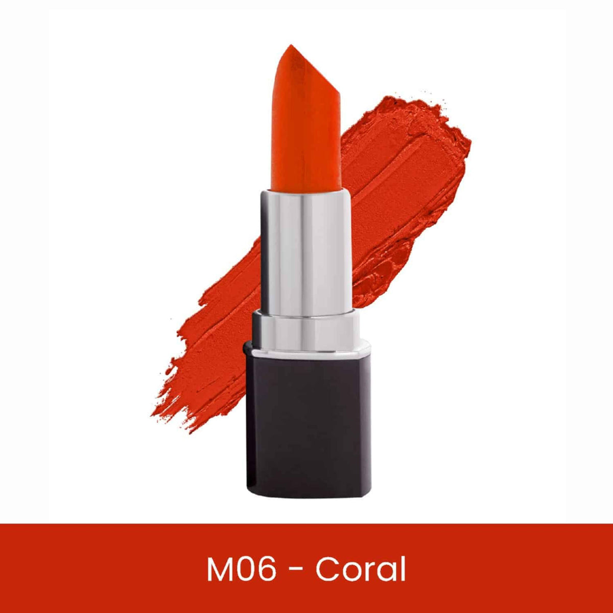 Lipstick with coral color swatch on a white background
