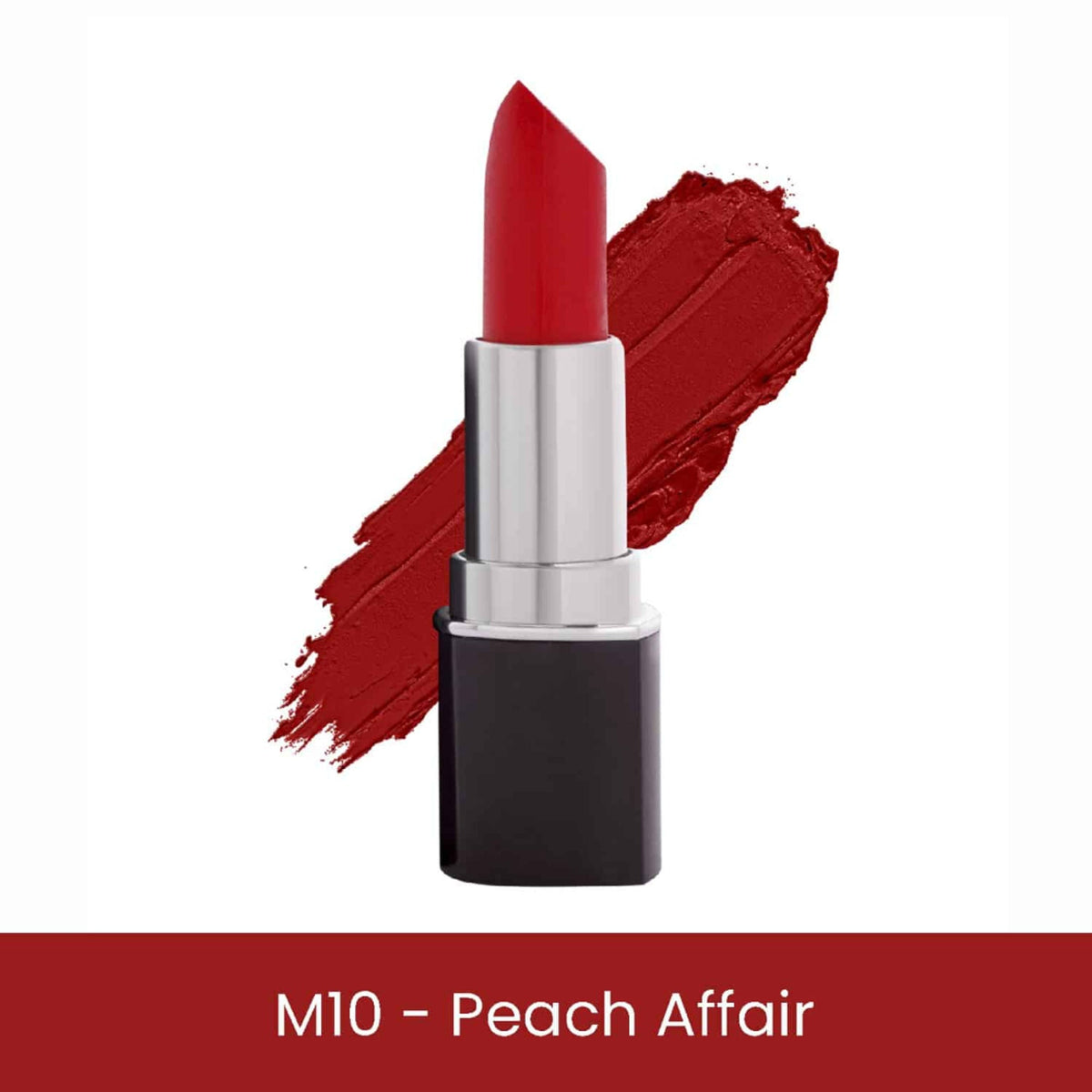 Red lipstick with a swatch on a white background, labeled 'M10 - Peach Affair'.