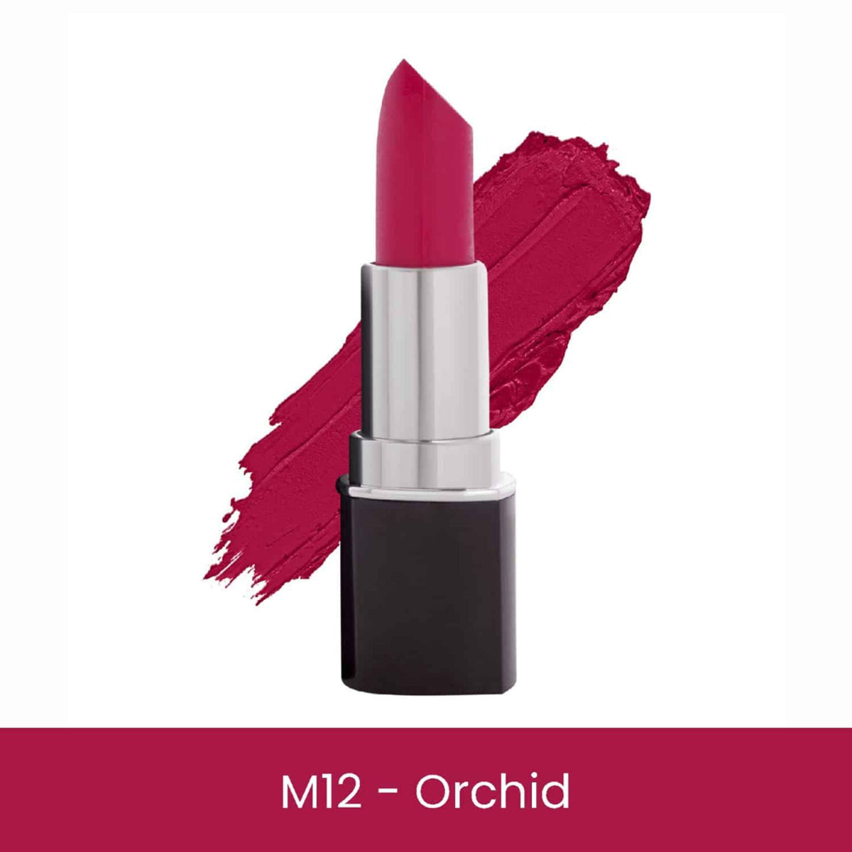 Lipstick with a swatch of color labeled 'M12 - Orchid' on a white background