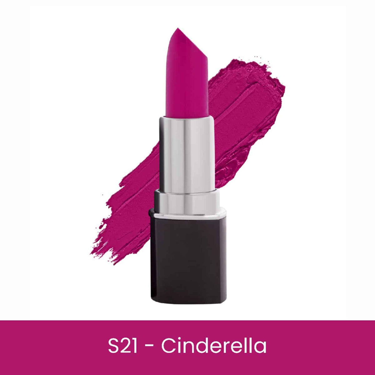 Pink lipstick with a swatch on a white background, labeled 'S21 - Cinderella'.