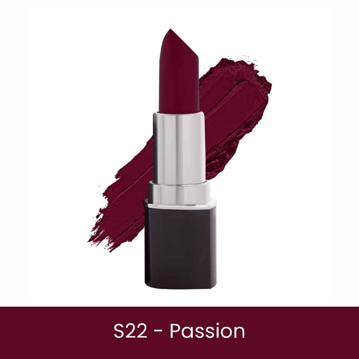 Lipstick with a swatch of color labeled 'S22 - Passion' on a white background