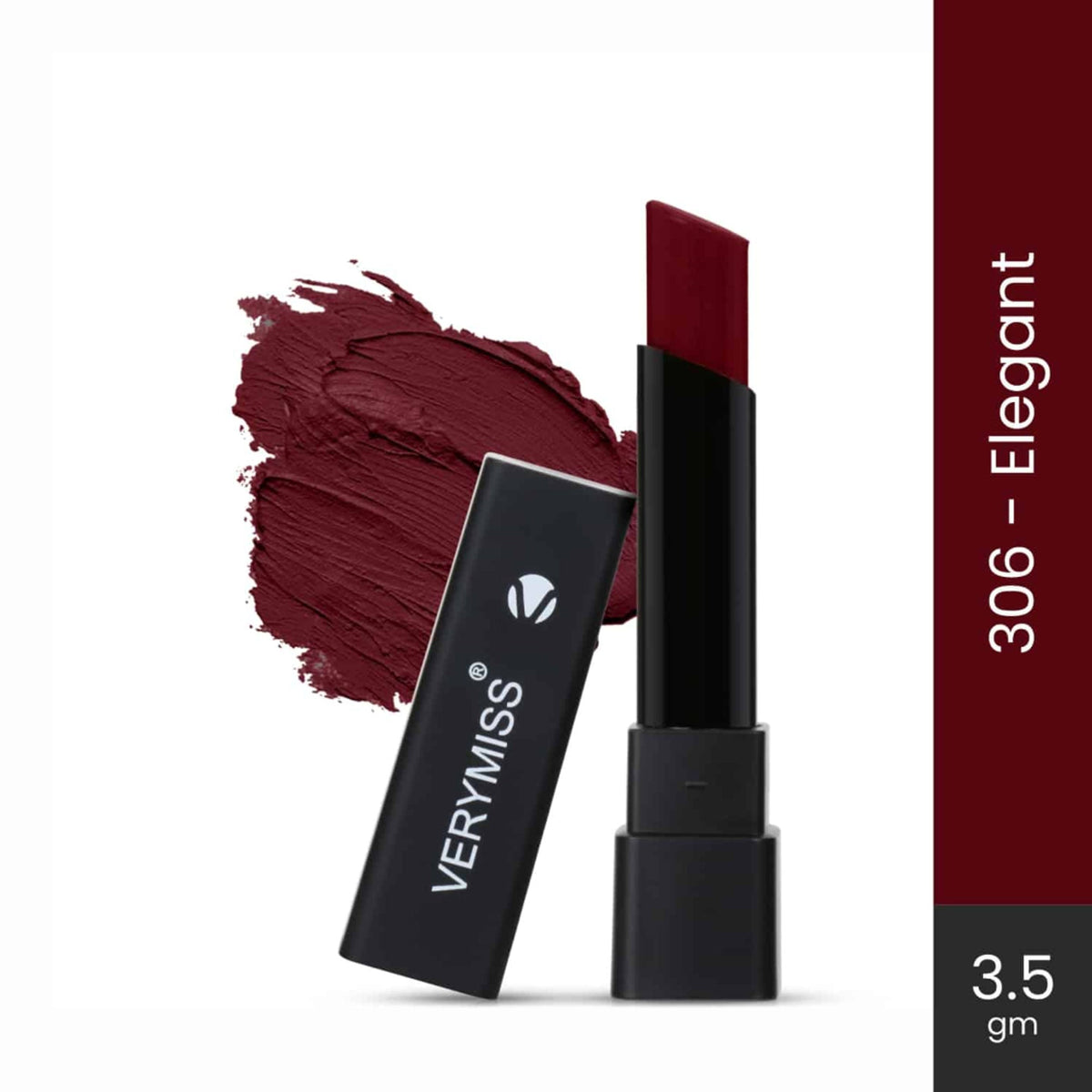 Lipstick with 'VeryMiss' branding and a swatch of color on a white background