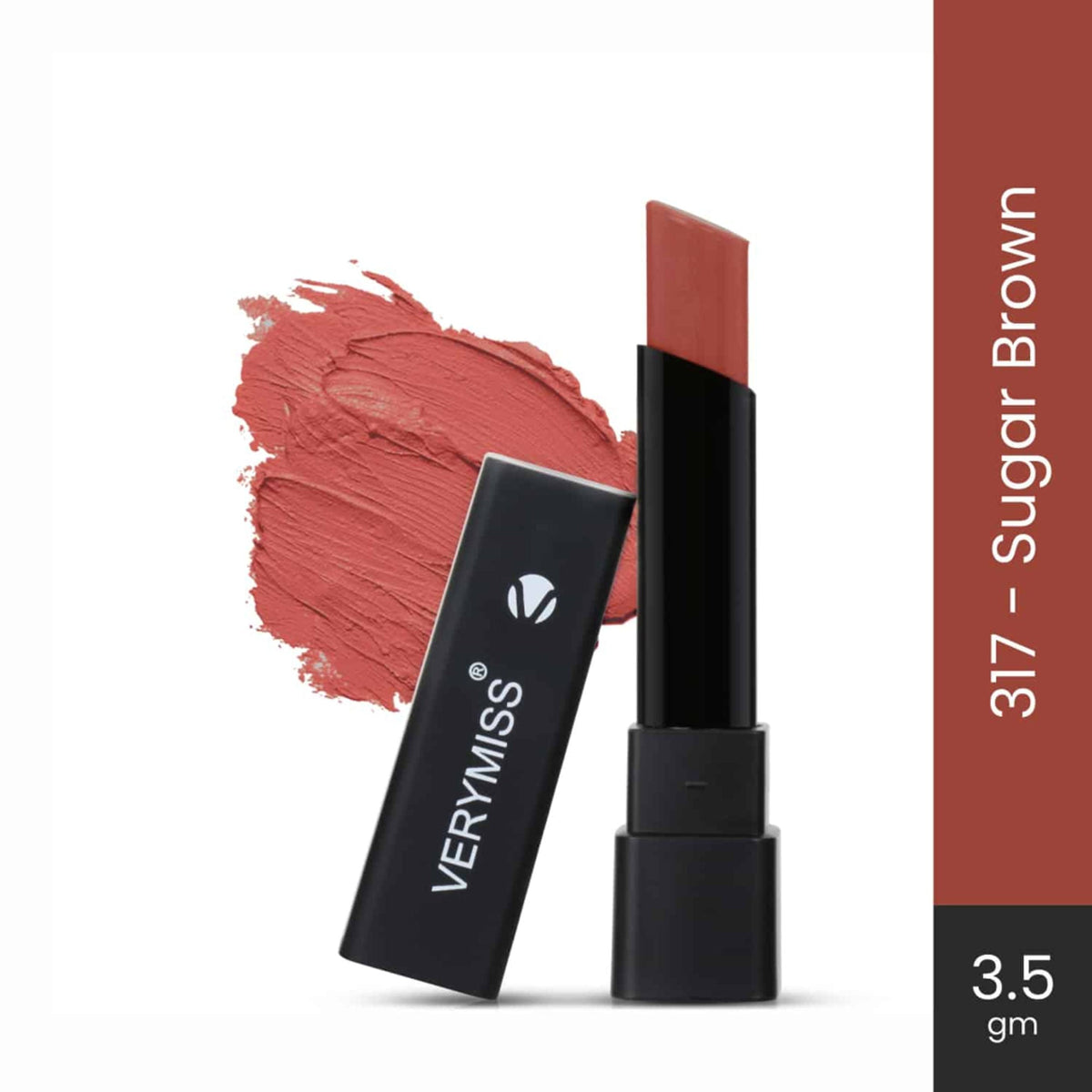 VeryMiss lipstick with 'Sugar Brown' shade on a white background