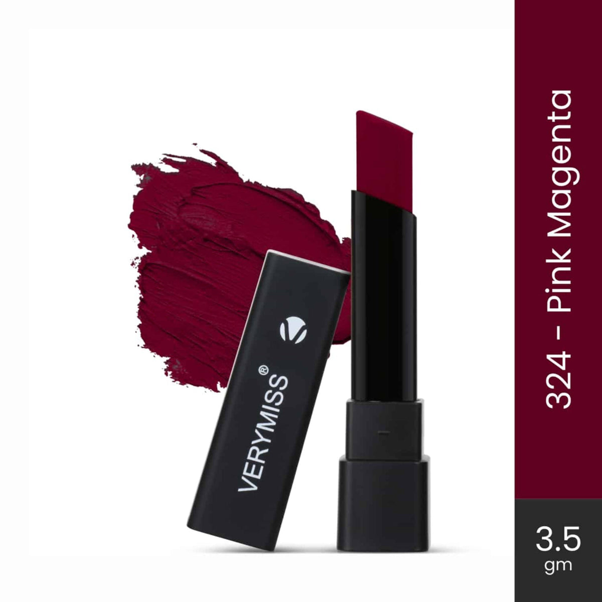 Lipstick with 'VERY美' branding and a swatch of pink magenta color on a white background.