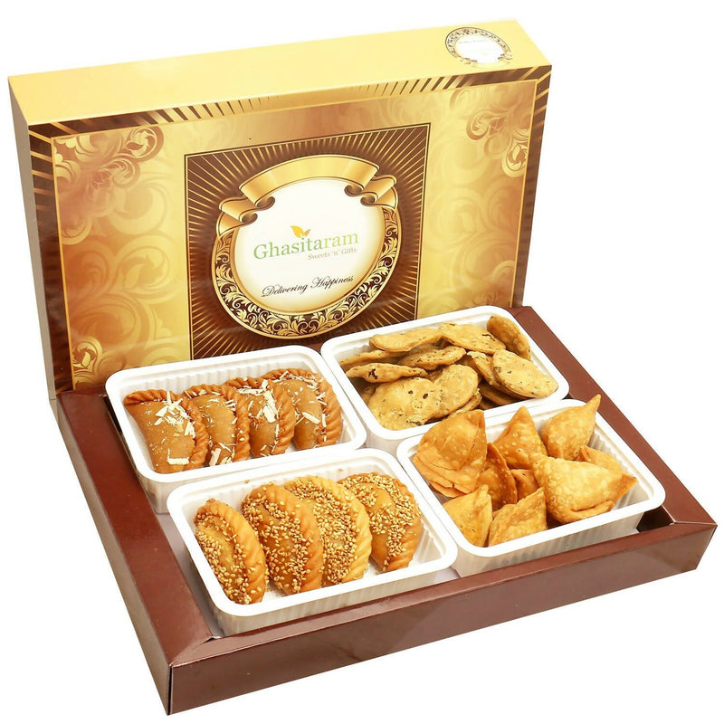 Ghasitaram Holi Hampers: Big Box of Dry Sweet Gujiyas, Til/ Sesame Gujiya, Farsan Samosas and Methi Mathi Hamper
