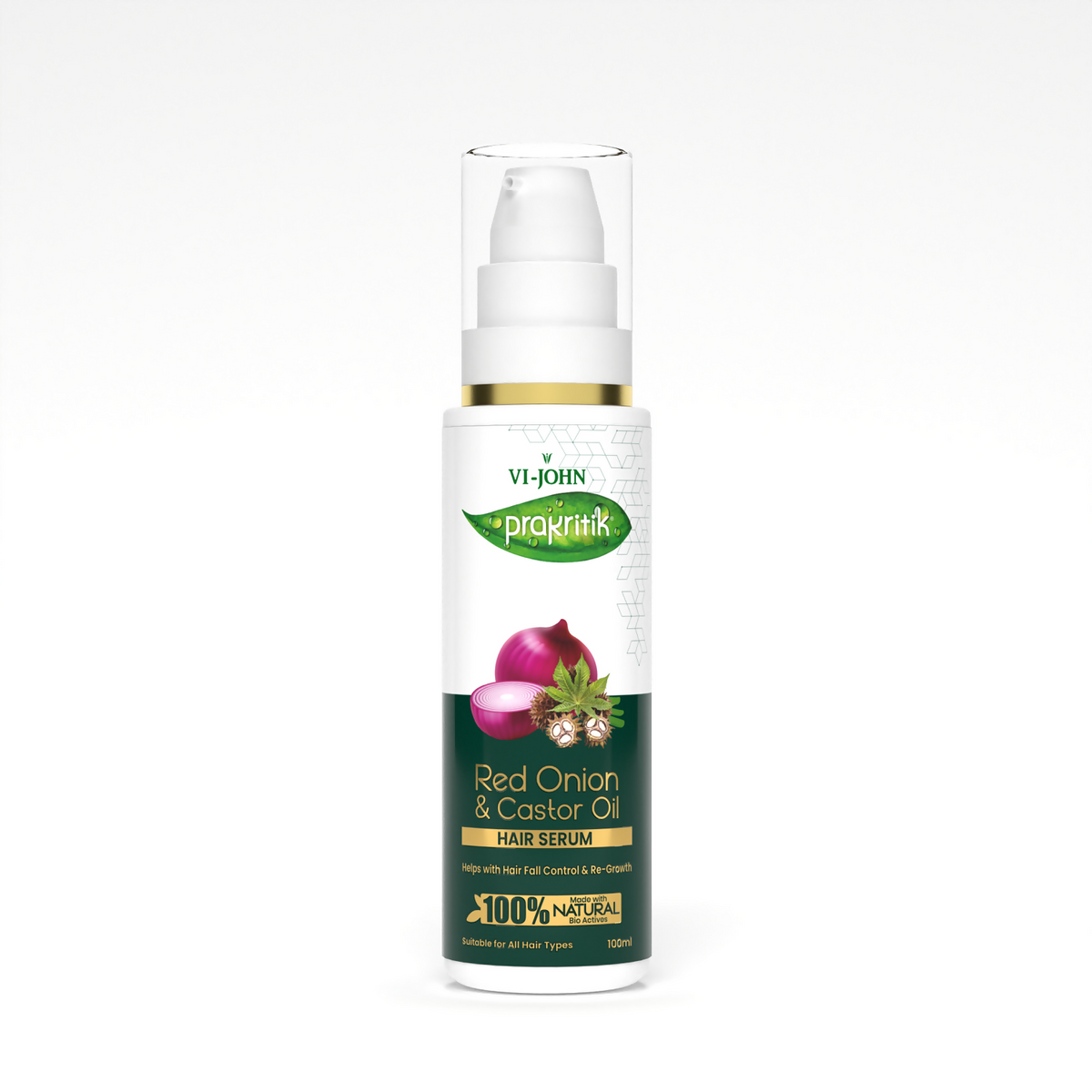 Hair serum bottle with red onion and castor oil on a white background