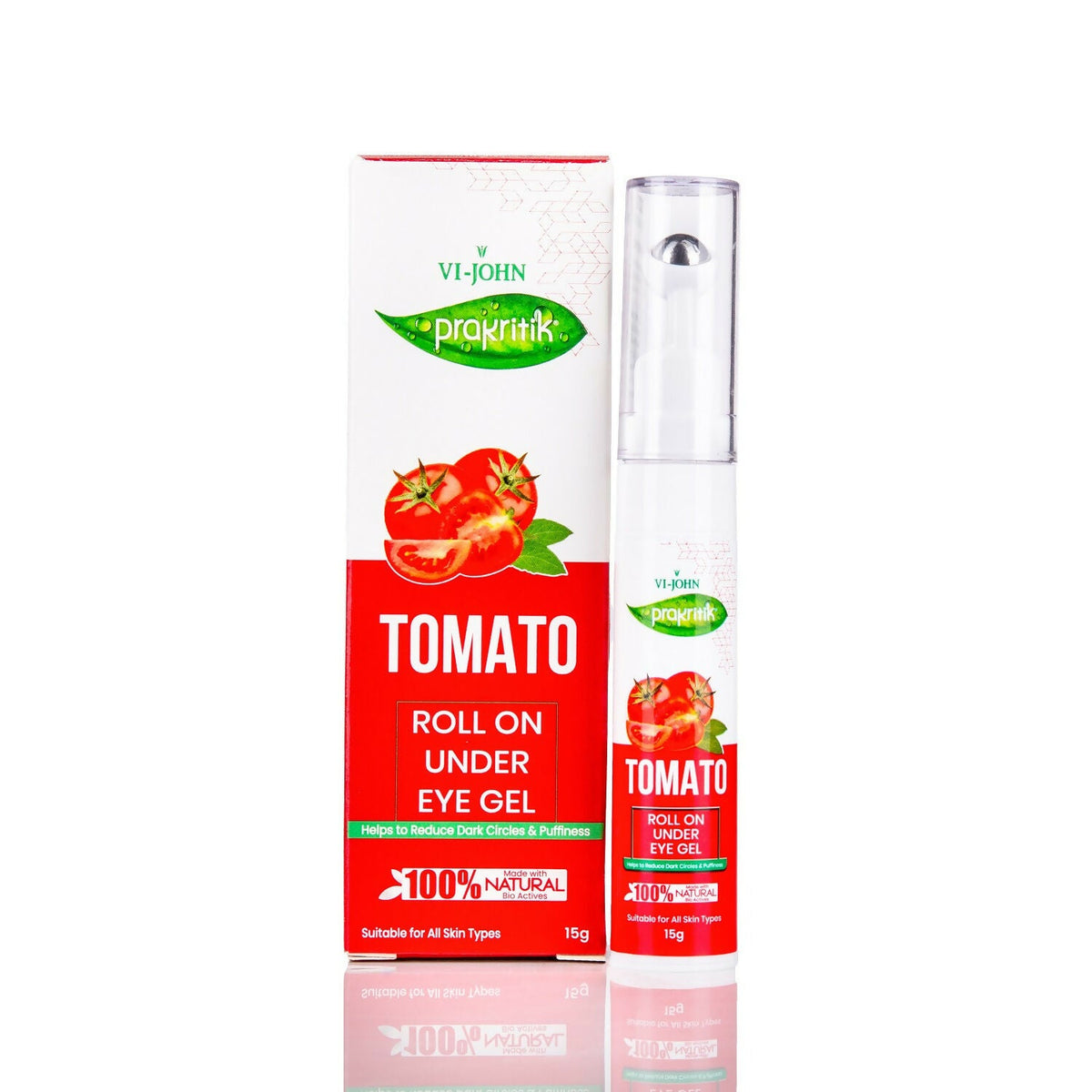 Tomato roll on under eye gel with packaging on a white background