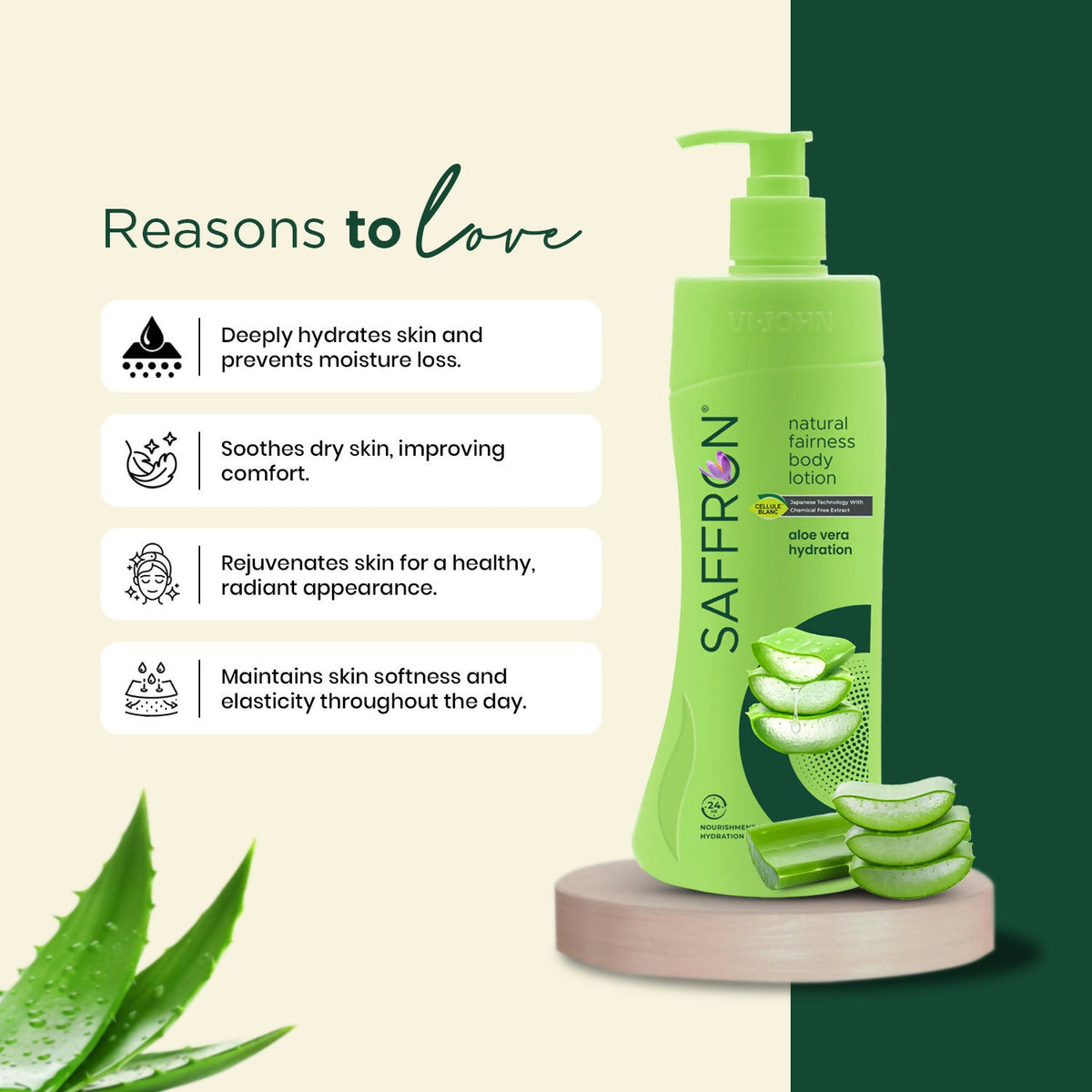 Green bottle of Saffron natural fairness body lotion with aloe vera graphics on a beige and green background.