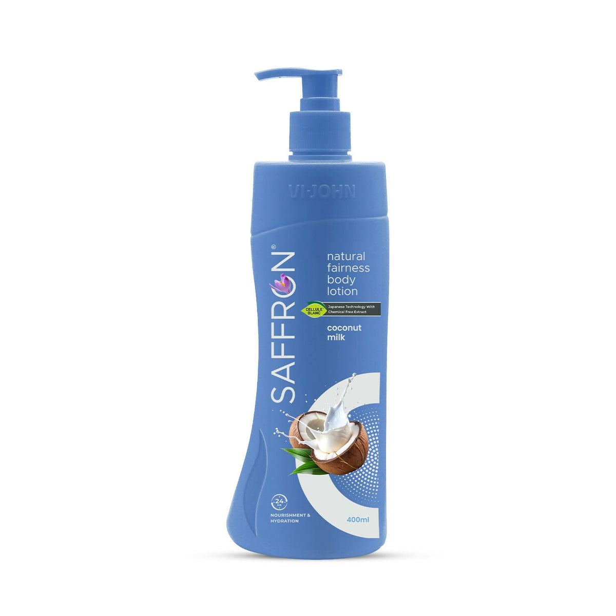 Saffron natural fairness body lotion bottle with coconut illustration on a white background