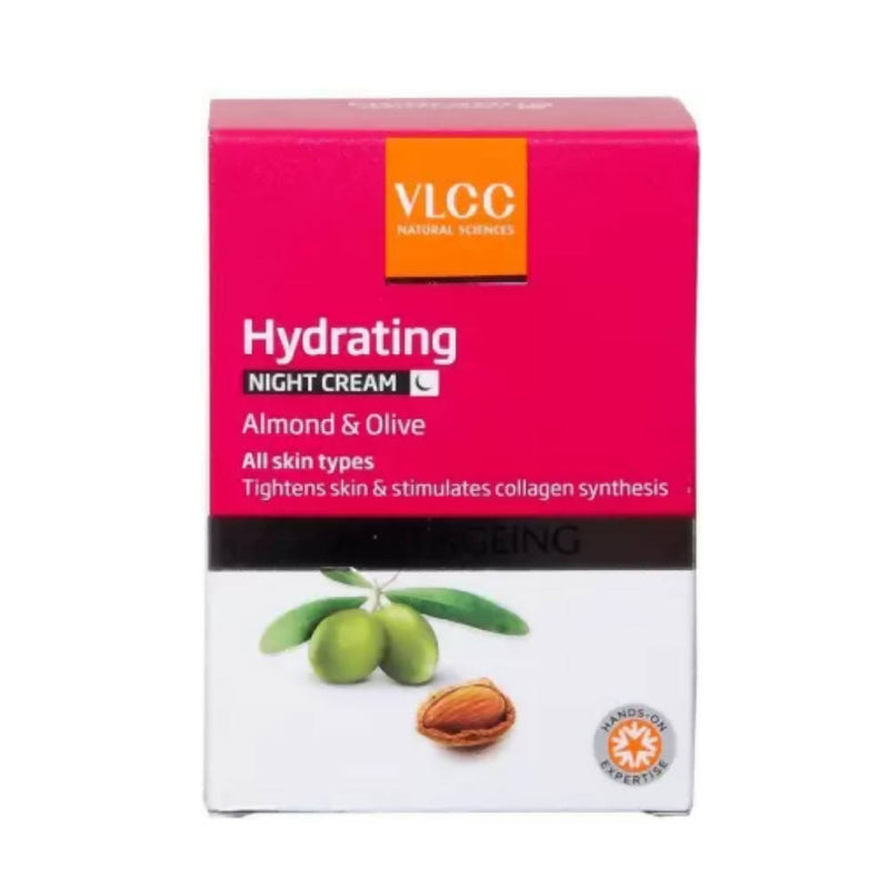 VLCC Hydrating Night Cream box with almond and olive graphics on a white background