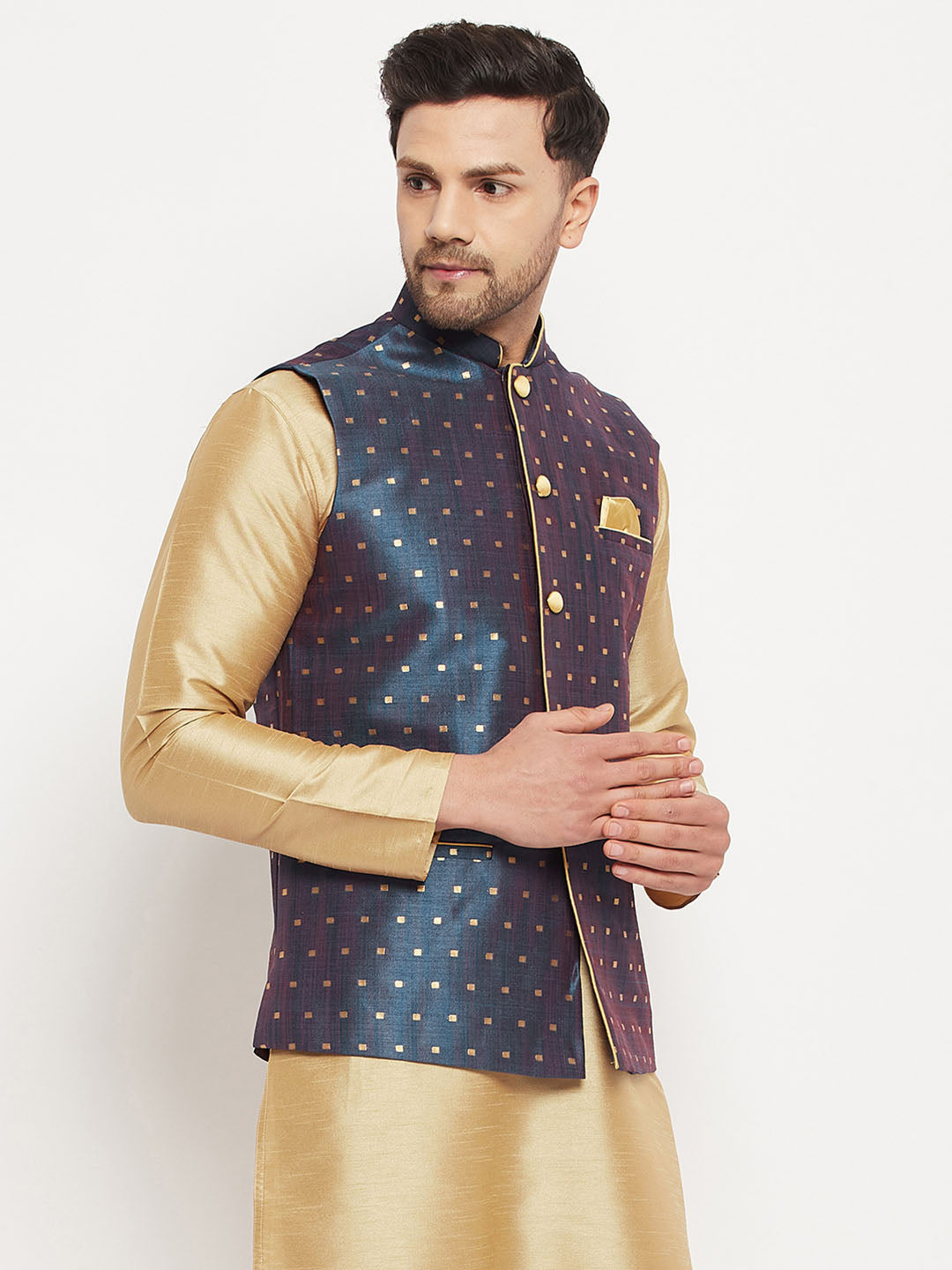 VASTRAMAY Men's Blue Zari Weaved Jacket