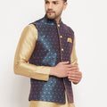 VASTRAMAY Men's Blue Zari Weaved Jacket
