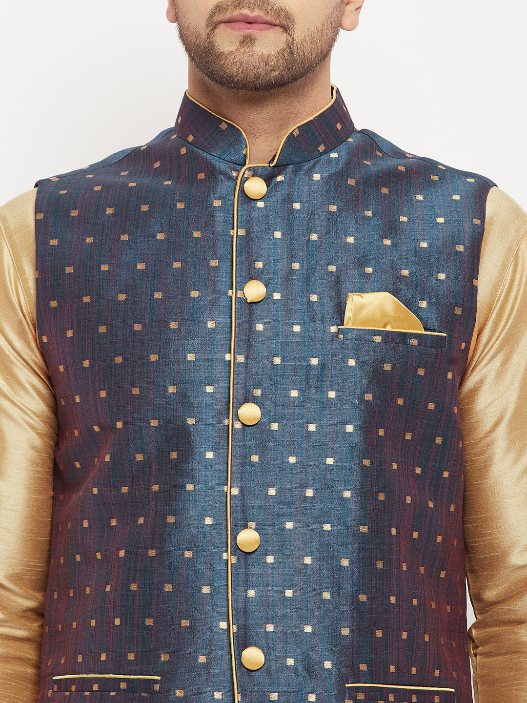 VASTRAMAY Men's Blue Zari Weaved Jacket