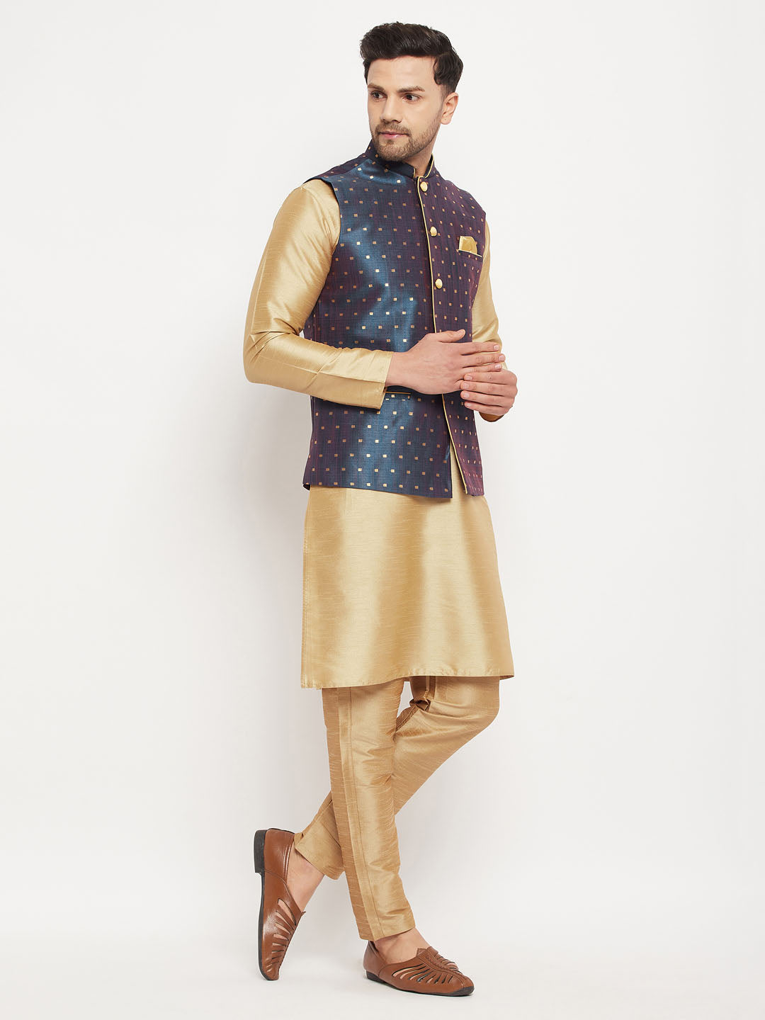 VASTRAMAY Men's Blue Zari Weaved Jacket