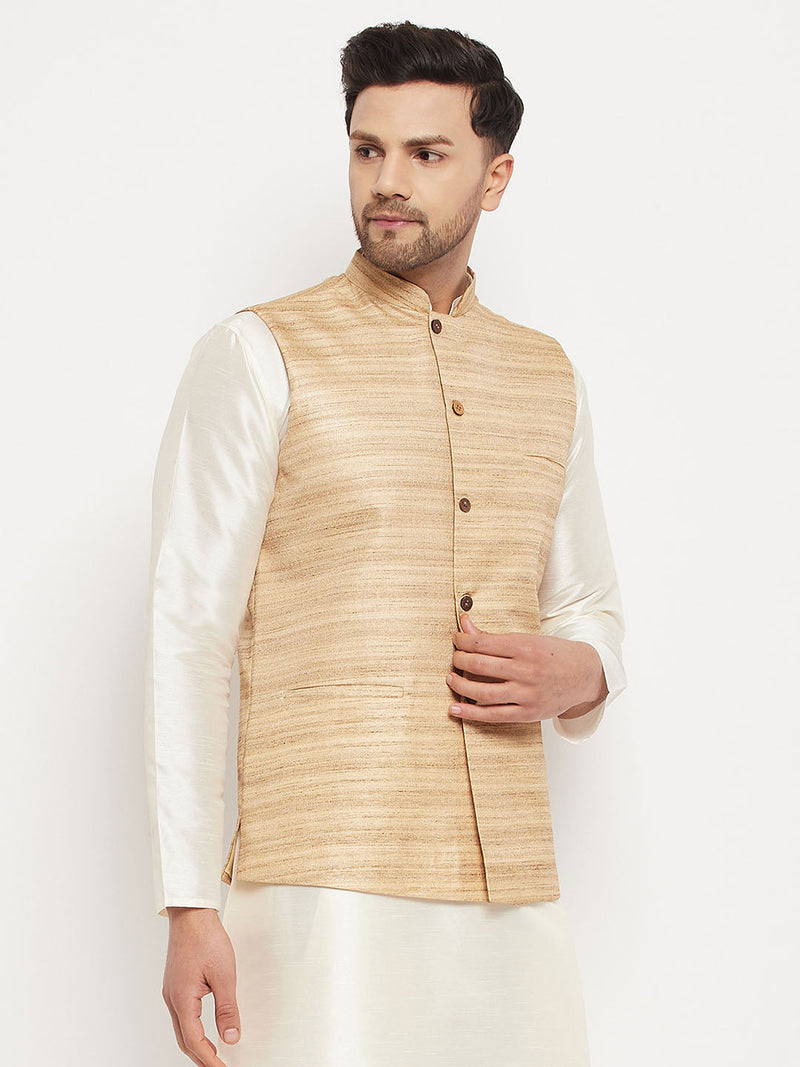 VASTRAMAY Men's Beige Silk Blend Nehru Jacket