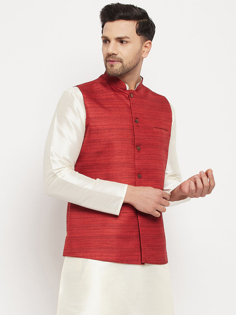 VASTRAMAY Men's Maroon Silk Blend Nehru Jacket