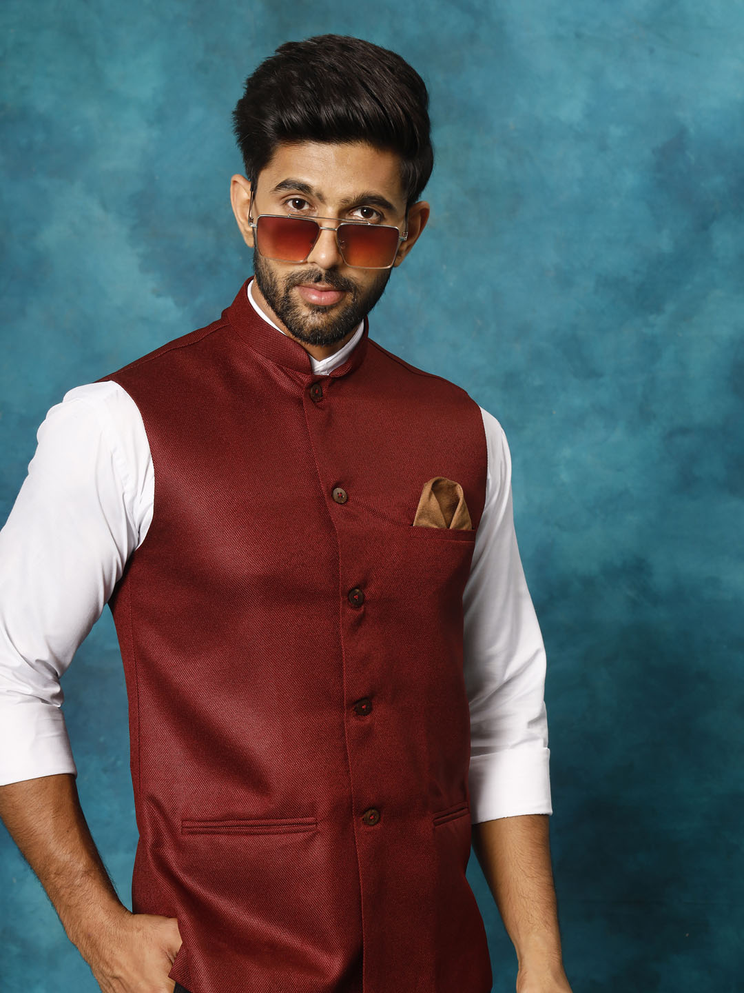 Men's Maroon Woven Nehru Jacket