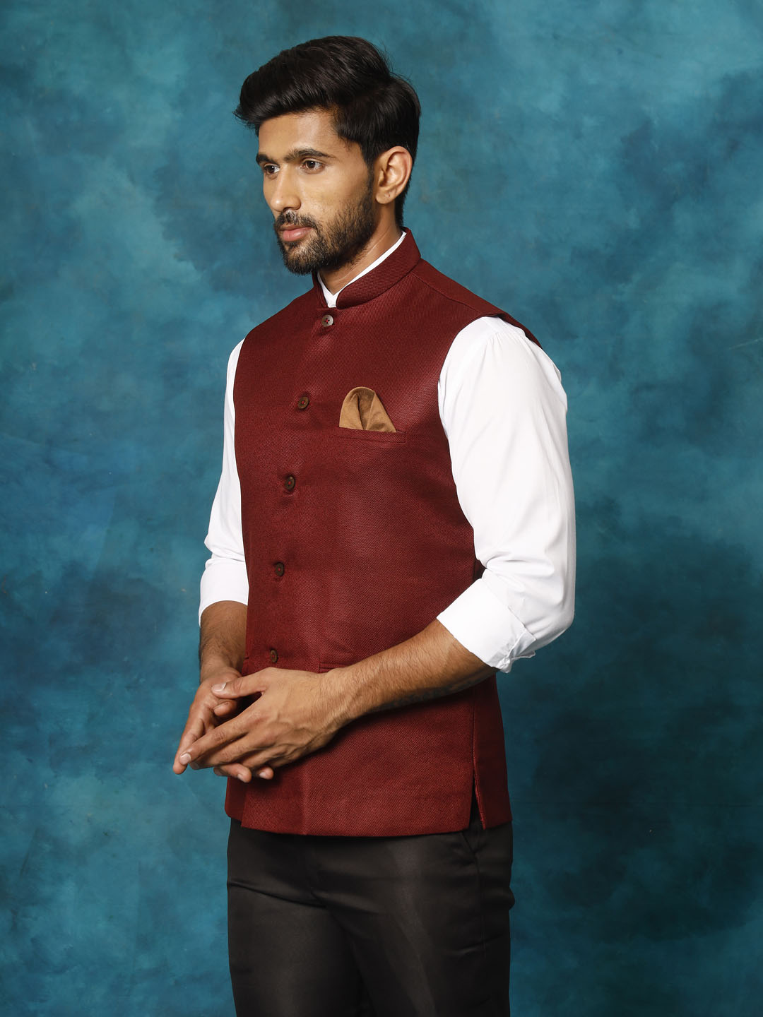 Men's Maroon Woven Nehru Jacket
