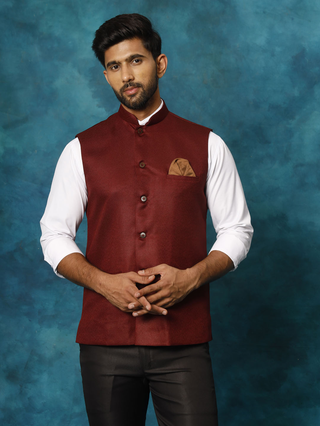 Men's Maroon Woven Nehru Jacket