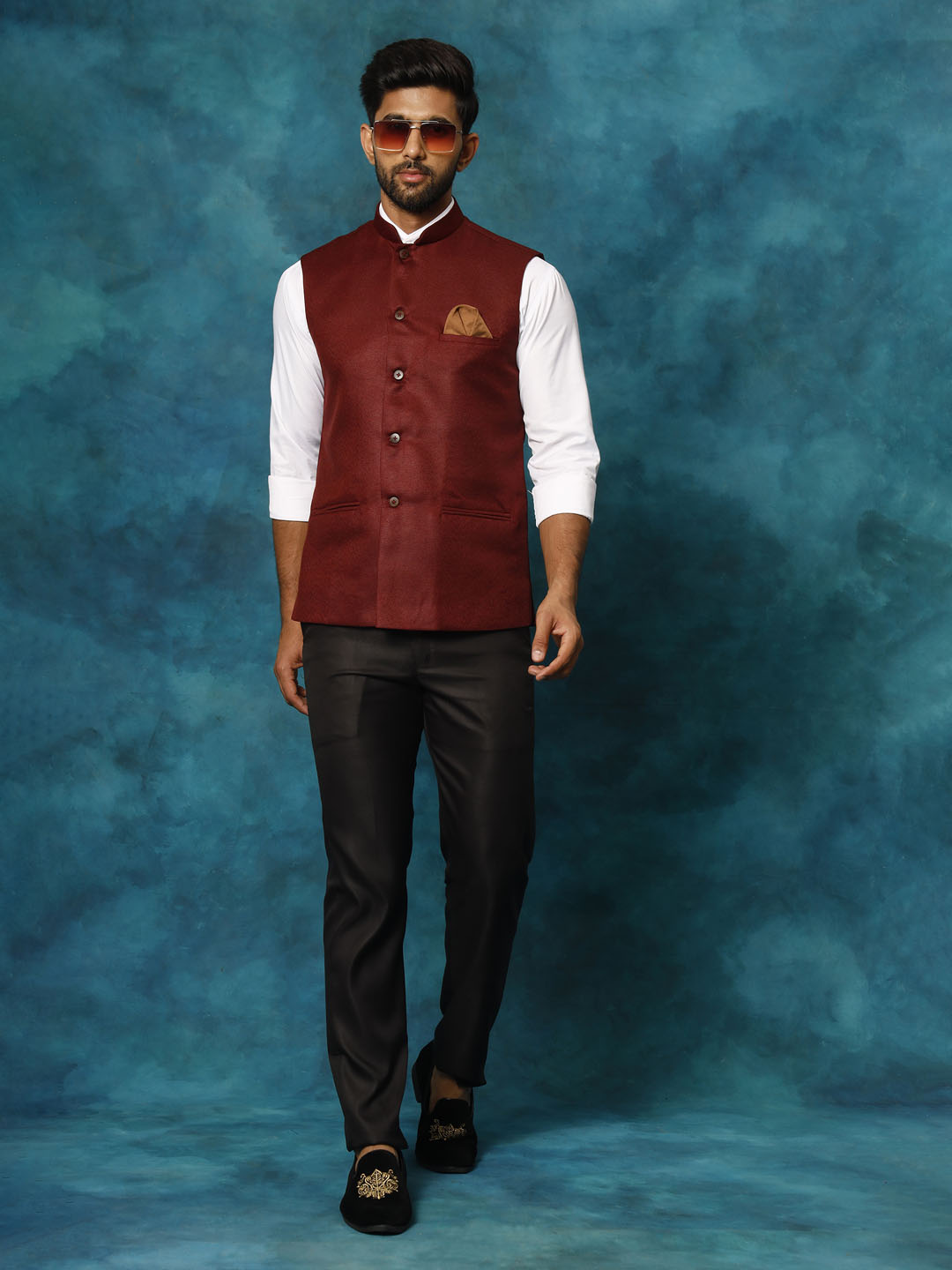 Men's Maroon Woven Nehru Jacket
