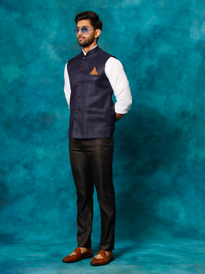 Men's Navy Blue Woven Nehru Jacket